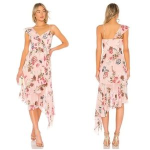 NICHOLAS x REVOLVE 100% silk floral frill ruffle asymmetric midi dress in lilac